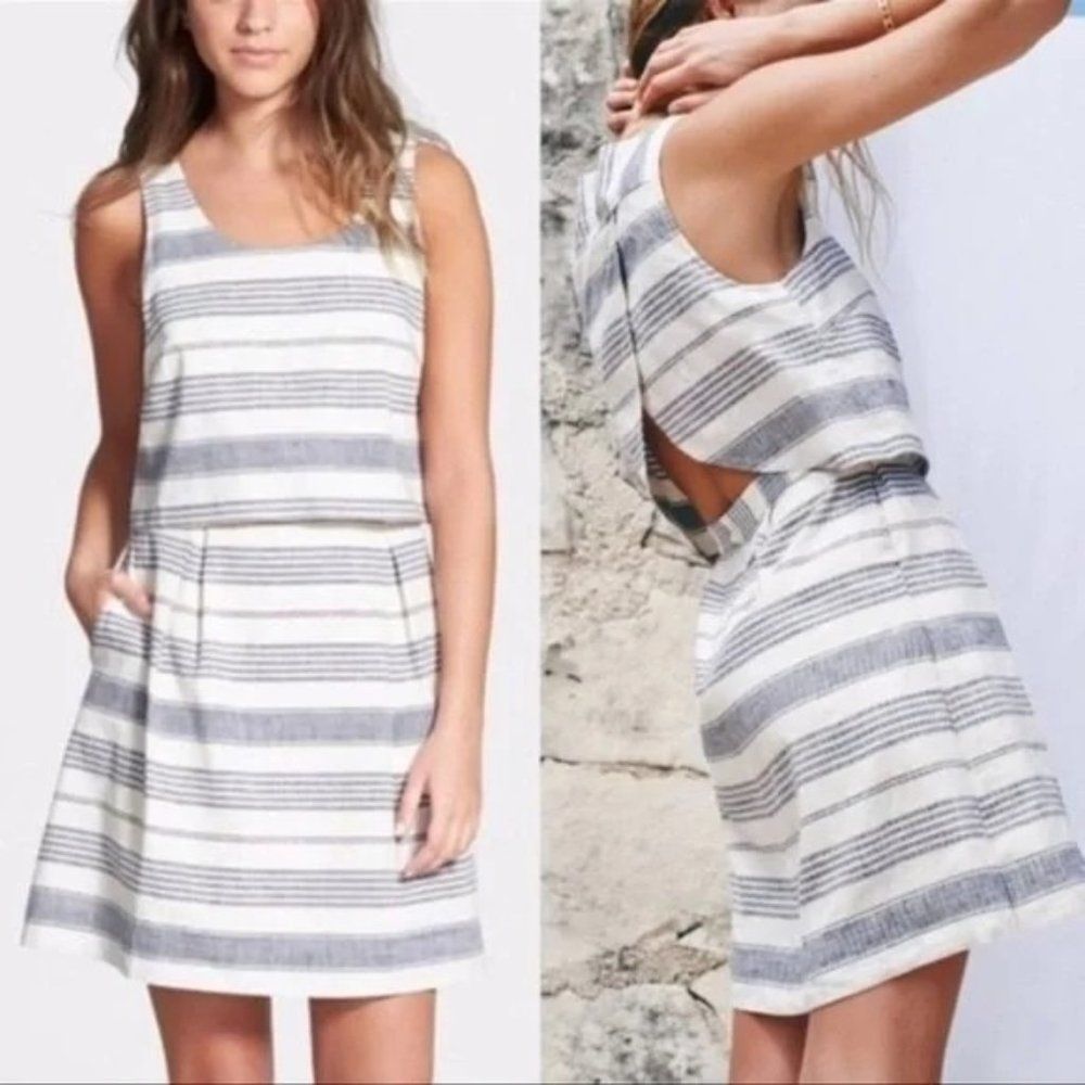 Madewell Striped Linen Open Back Dress in Ivory/Blue Size 12